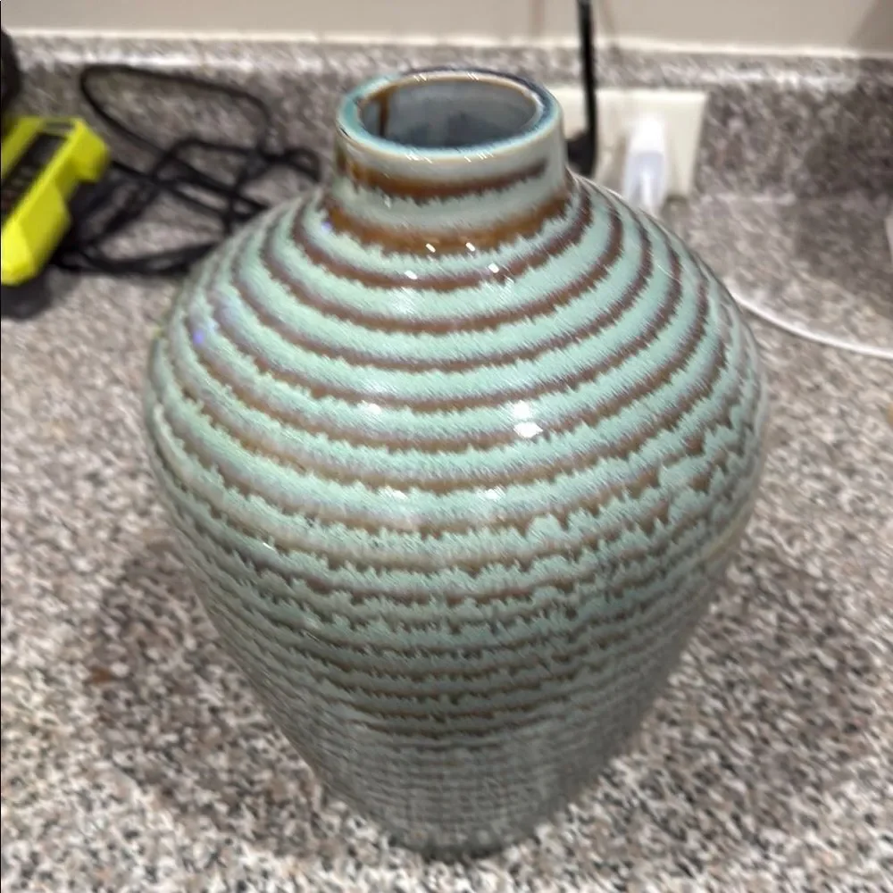 Vietnam Handcrafted Green Brown Spiral Glazed Accent Vase 11 Inches Tall